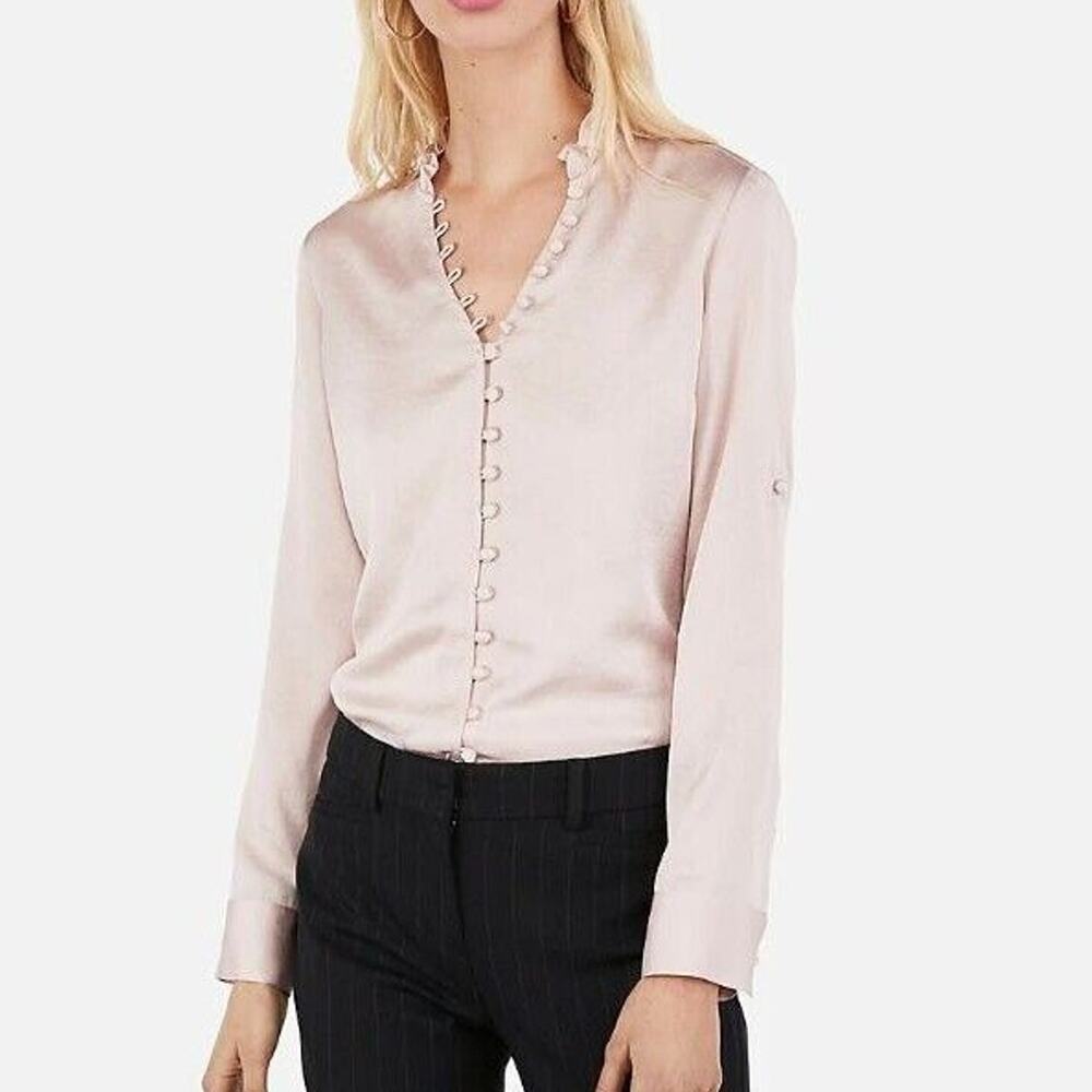 Express Womens Portofino Ruffle Shirt Size S Career Corp Office Siren Romantic